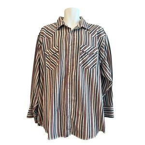 Western Frontier Mens 2XL Shirt Pearl Snap Long Sleeve Blue White Striped Vtg